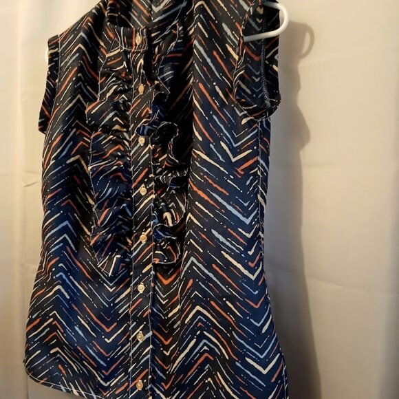 Nwt Chevron Print Ruffle front Sleeveless Tank Top Blouse S Navy Blue Multi Mock - Picture 5 of 10